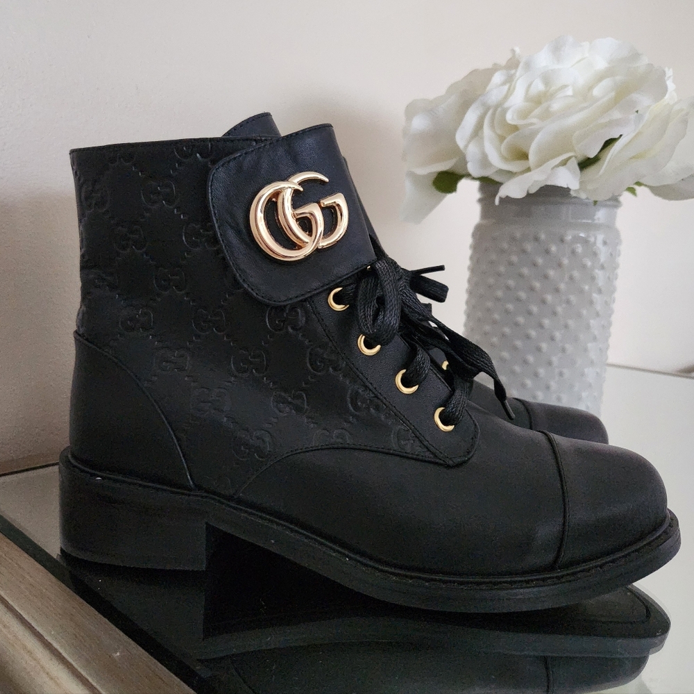 GG Black Lace-Up Leather Boots with Gold Accents